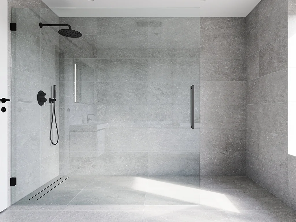 Douche à l'italienne de plain-pied et grand carrelage gris dans une salle de bain refaite