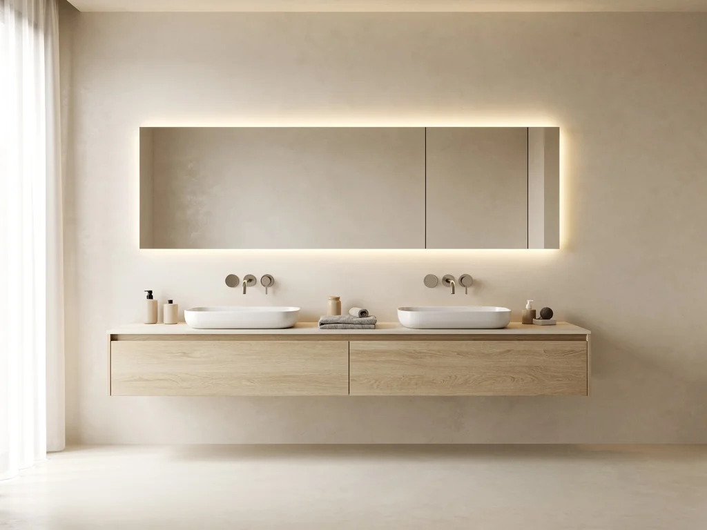 Meuble double vasque suspendu et miroir rétroéclairé dans une salle de bain contemporaine