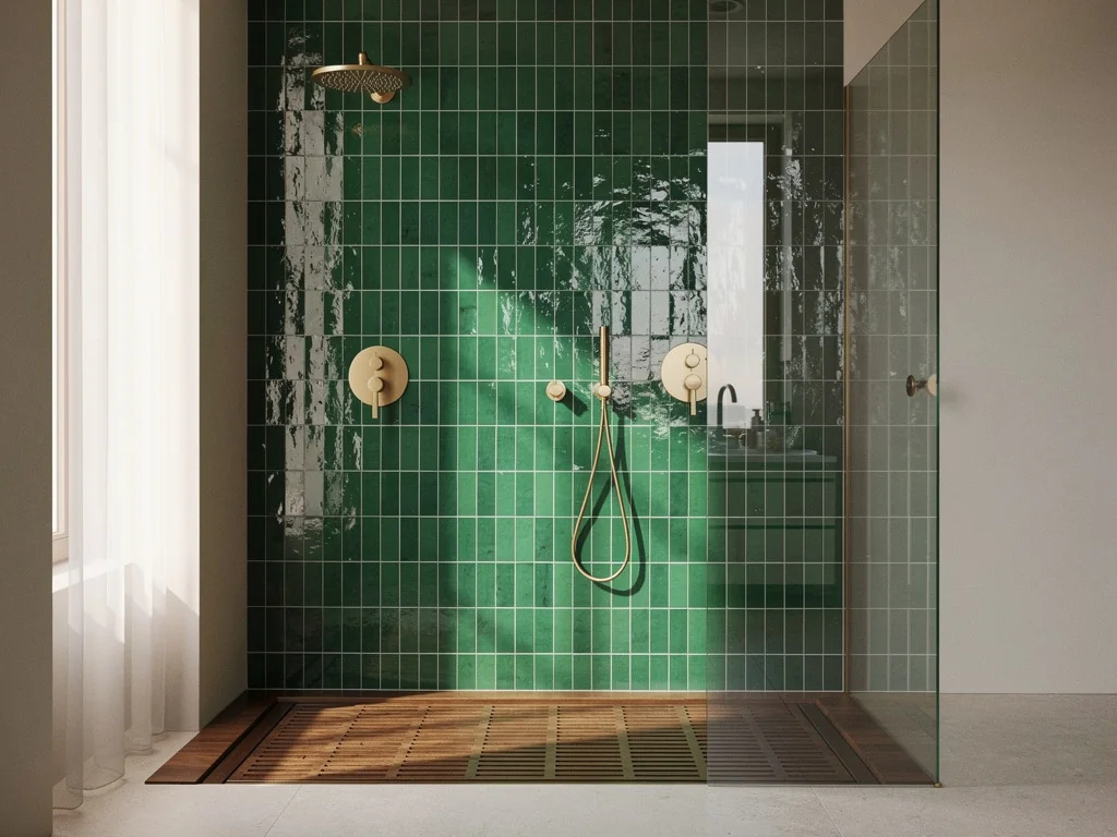 Douche italienne habillée de zellige vert et robinetterie en laiton brossé