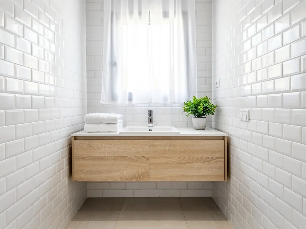 Petite salle de bain familiale rénovée en faïence blanche et meuble en chêne clair