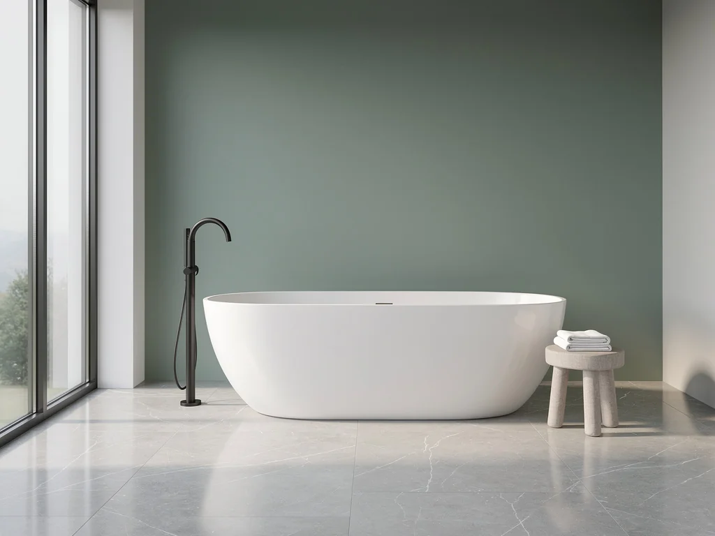 Baignoire îlot devant une fenêtre et mur vert sauge dans une salle de bain épurée