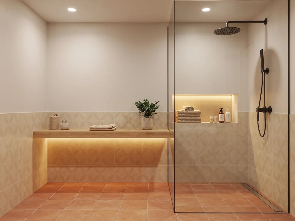 Salle de bain chaleureuse en carrelage terracotta avec rangements en niche et étagère en bois
